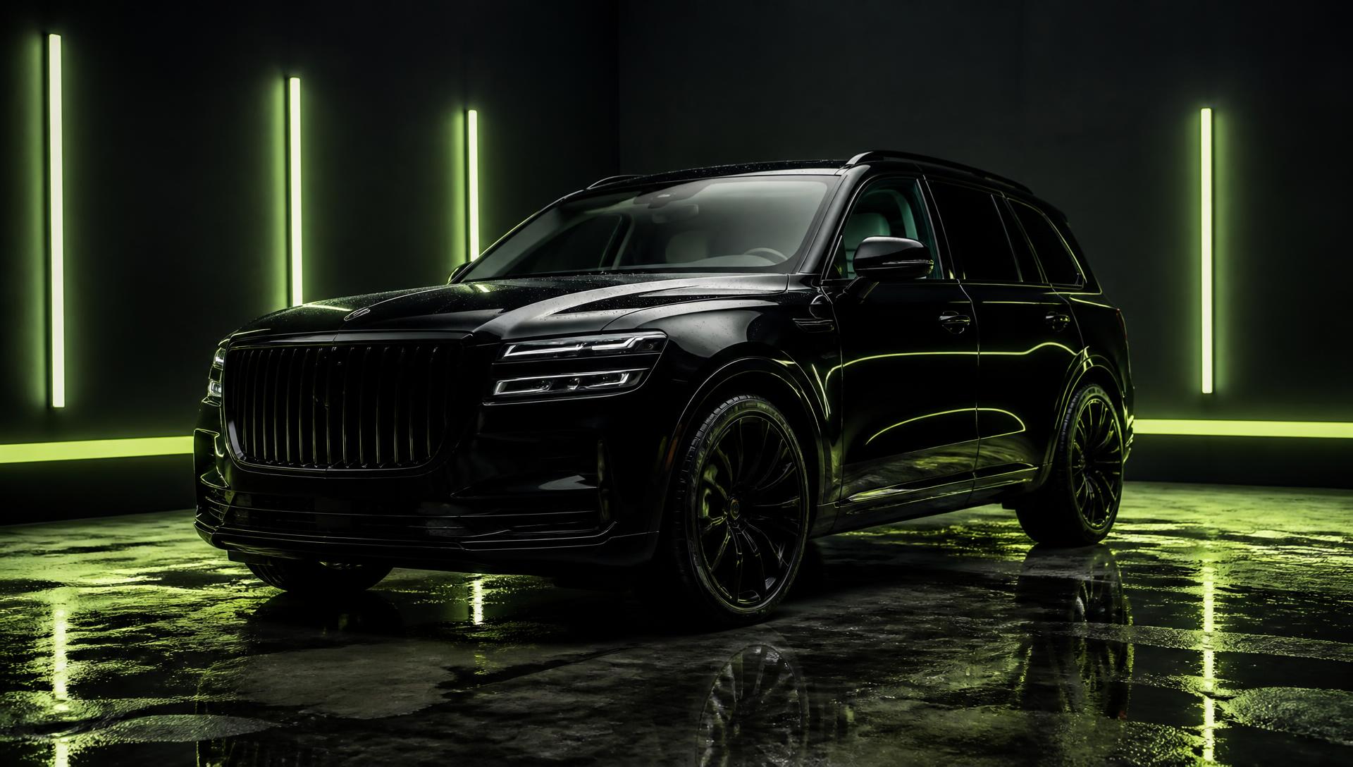 SUV preta polida em estúdio de estética automotiva com iluminação verde-limão